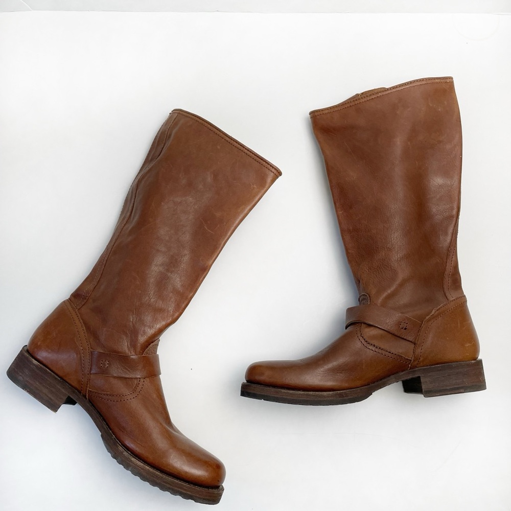Frye Veronica Slouch Tan Leather Harness Knee High Boots